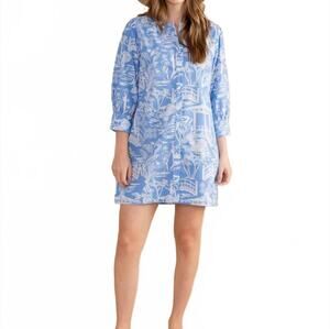 Double A Women's Blue White Toile Paloma Button Down Mini Dress Size X-Small